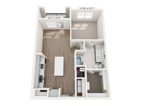 A 12'10" x 13'3" white room with a kitchen and a bathroom.